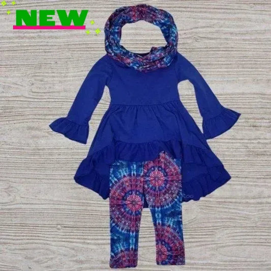 Size 2 Blue Tie Dye Leggings Tunic & Scarf Set