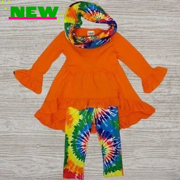 Orange Tie Dye Leggings Tunic & Scarf Set
