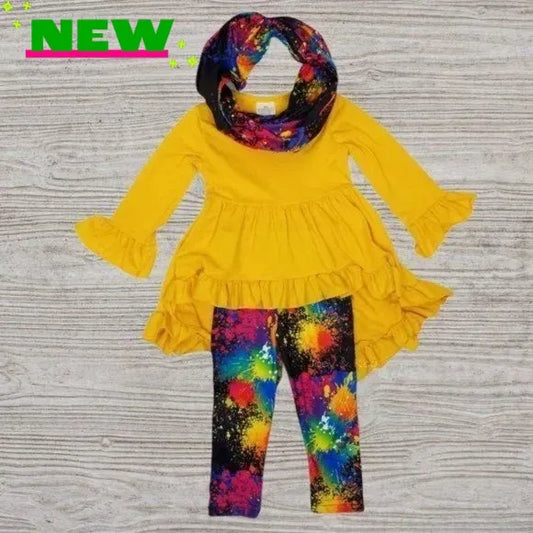 Yellow Tunic Paint Splatter Leggings & Scarf Set