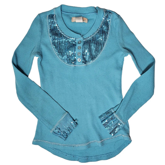 6/6X Blue Sequin Long Sleeve Waffle Henley